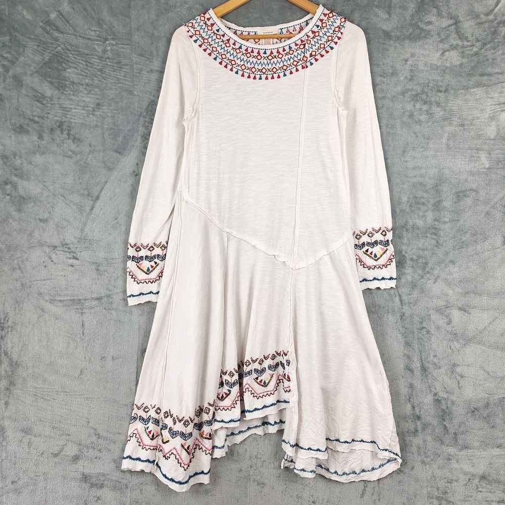 Sundance‎ Dress Small White Boho Folk Beaded Asymmetrical Embroidered Peasant